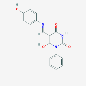 molecular formula C18H15N3O4 B408367 5-[(4-hydroxyanilino)methylene]-1-(4-methylphenyl)-2,4,6(1H,3H,5H)-pyrimidinetrione 