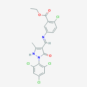 molecular formula C20H15Cl4N3O3 B408371 ethyl 2-chloro-5-({[3-methyl-5-oxo-1-(2,4,6-trichlorophenyl)-1,5-dihydro-4H-pyrazol-4-ylidene]methyl}amino)benzoate 