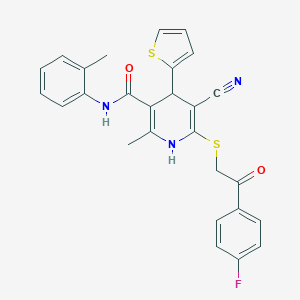 molecular formula C27H22FN3O2S2 B408413 5-cyano-6-[2-(4-fluorophenyl)-2-oxoethyl]sulfanyl-2-methyl-N-(2-methylphenyl)-4-thiophen-2-yl-1,4-dihydropyridine-3-carboxamide CAS No. 277756-58-8