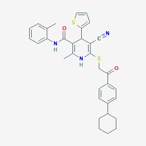 molecular formula C33H33N3O2S2 B408419 5-cyano-6-{[2-(4-cyclohexylphenyl)-2-oxoethyl]sulfanyl}-2-methyl-N-(2-methylphenyl)-4-(2-thienyl)-1,4-dihydro-3-pyridinecarboxamide 