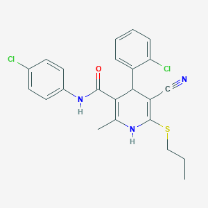 molecular formula C23H21Cl2N3OS B408425 4-(2-chlorophenyl)-N-(4-chlorophenyl)-5-cyano-2-methyl-6-(propylsulfanyl)-1,4-dihydro-3-pyridinecarboxamide 