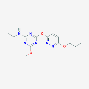 molecular formula C13H18N6O3 B4084255 N-ethyl-4-methoxy-6-[(6-propoxy-3-pyridazinyl)oxy]-1,3,5-triazin-2-amine 