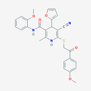 molecular formula C28H25N3O5S B408433 5-氰基-4-(呋喃-2-基)-N-(2-甲氧基苯基)-6-[2-(4-甲氧基苯基)-2-氧代乙基]硫代-2-甲基-1,4-二氢吡啶-3-甲酰胺 CAS No. 328068-94-6