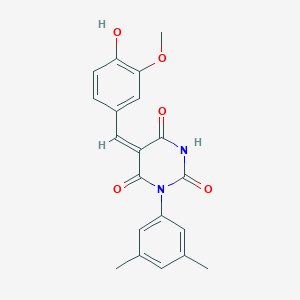 molecular formula C20H18N2O5 B408450 (5E)-1-(3,5-dimethylphenyl)-5-(4-hydroxy-3-methoxybenzylidene)pyrimidine-2,4,6(1H,3H,5H)-trione 
