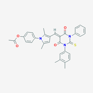 molecular formula C33H29N3O4S B408455 4-{3-[(1-(3,4-dimethylphenyl)-4,6-dioxo-3-phenyl-2-thioxotetrahydro-5(2H)-pyrimidinylidene)methyl]-2,5-dimethyl-1H-pyrrol-1-yl}phenyl acetate 