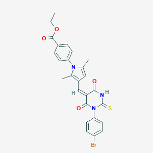 molecular formula C26H22BrN3O4S B408456 ethyl 4-(3-{(E)-[1-(4-bromophenyl)-4,6-dioxo-2-thioxotetrahydropyrimidin-5(2H)-ylidene]methyl}-2,5-dimethyl-1H-pyrrol-1-yl)benzoate 