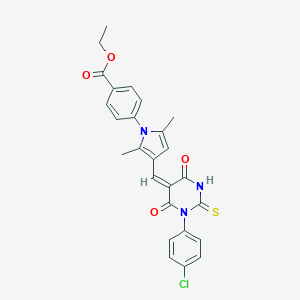 molecular formula C26H22ClN3O4S B408458 ethyl 4-{3-[(1-(4-chlorophenyl)-4,6-dioxo-2-thioxotetrahydro-5(2H)-pyrimidinylidene)methyl]-2,5-dimethyl-1H-pyrrol-1-yl}benzoate 