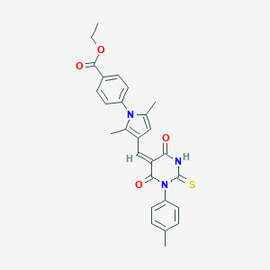 molecular formula C27H25N3O4S B408461 ethyl 4-{2,5-dimethyl-3-[(1-(4-methylphenyl)-4,6-dioxo-2-thioxotetrahydro-5(2H)-pyrimidinylidene)methyl]-1H-pyrrol-1-yl}benzoate 