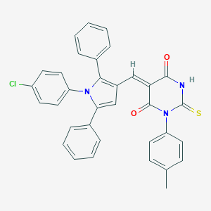 molecular formula C34H24ClN3O2S B408462 5-{[1-(4-chlorophenyl)-2,5-diphenyl-1H-pyrrol-3-yl]methylene}-1-(4-methylphenyl)-2-thioxodihydro-4,6(1H,5H)-pyrimidinedione 