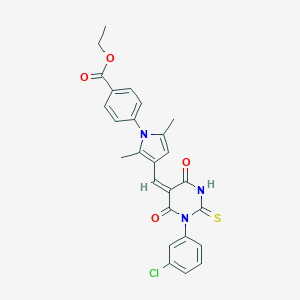 molecular formula C26H22ClN3O4S B408464 ethyl 4-(3-{(E)-[1-(3-chlorophenyl)-4,6-dioxo-2-thioxotetrahydropyrimidin-5(2H)-ylidene]methyl}-2,5-dimethyl-1H-pyrrol-1-yl)benzoate 