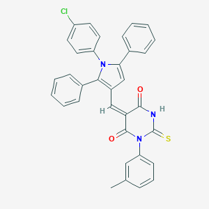 molecular formula C34H24ClN3O2S B408465 5-{[1-(4-chlorophenyl)-2,5-diphenyl-1H-pyrrol-3-yl]methylene}-1-(3-methylphenyl)-2-thioxodihydro-4,6(1H,5H)-pyrimidinedione 