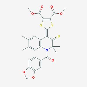 molecular formula C28H25NO7S3 B408511 dimethyl 2-[1-(1,3-benzodioxol-5-ylcarbonyl)-2,2,6,7-tetramethyl-3-thioxo-2,3-dihydroquinolin-4(1H)-ylidene]-1,3-dithiole-4,5-dicarboxylate 