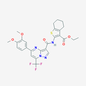 molecular formula C27H25F3N4O5S B408525 Ethyl 2-({[5-(3,4-dimethoxyphenyl)-7-(trifluoromethyl)pyrazolo[1,5-a]pyrimidin-3-yl]carbonyl}amino)-4,5,6,7-tetrahydro-1-benzothiophene-3-carboxylate 