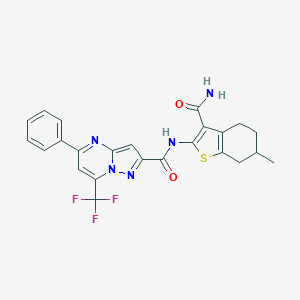molecular formula C24H20F3N5O2S B408527 N-(3-carbamoyl-6-methyl-4,5,6,7-tetrahydro-1-benzothiophen-2-yl)-5-phenyl-7-(trifluoromethyl)pyrazolo[1,5-a]pyrimidine-2-carboxamide 