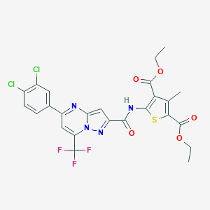 molecular formula C25H19Cl2F3N4O5S B408530 Diethyl 5-({[5-(3,4-dichlorophenyl)-7-(trifluoromethyl)pyrazolo[1,5-a]pyrimidin-2-yl]carbonyl}amino)-3-methyl-2,4-thiophenedicarboxylate 