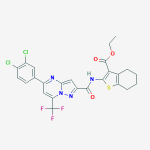 molecular formula C25H19Cl2F3N4O3S B408531 Ethyl 2-({[5-(3,4-dichlorophenyl)-7-(trifluoromethyl)pyrazolo[1,5-a]pyrimidin-2-yl]carbonyl}amino)-4,5,6,7-tetrahydro-1-benzothiophene-3-carboxylate 