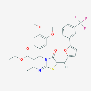 molecular formula C30H25F3N2O6S B408544 ethyl 5-(3,4-dimethoxyphenyl)-7-methyl-3-oxo-2-({5-[3-(trifluoromethyl)phenyl]-2-furyl}methylene)-2,3-dihydro-5H-[1,3]thiazolo[3,2-a]pyrimidine-6-carboxylate 