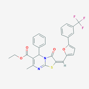 molecular formula C28H21F3N2O4S B408546 ethyl (2E)-7-methyl-3-oxo-5-phenyl-2-[[5-[3-(trifluoromethyl)phenyl]furan-2-yl]methylidene]-5H-[1,3]thiazolo[3,2-a]pyrimidine-6-carboxylate CAS No. 306309-33-1
