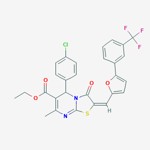 molecular formula C28H20ClF3N2O4S B408547 ethyl 5-(4-chlorophenyl)-7-methyl-3-oxo-2-({5-[3-(trifluoromethyl)phenyl]-2-furyl}methylene)-2,3-dihydro-5H-[1,3]thiazolo[3,2-a]pyrimidine-6-carboxylate 