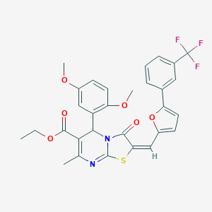 molecular formula C30H25F3N2O6S B408549 ethyl 5-(2,5-dimethoxyphenyl)-7-methyl-3-oxo-2-({5-[3-(trifluoromethyl)phenyl]-2-furyl}methylene)-2,3-dihydro-5H-[1,3]thiazolo[3,2-a]pyrimidine-6-carboxylate 