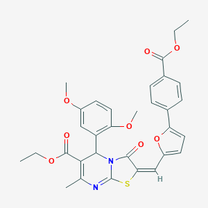 molecular formula C32H30N2O8S B408550 ethyl 5-(2,5-dimethoxyphenyl)-2-({5-[4-(ethoxycarbonyl)phenyl]-2-furyl}methylene)-7-methyl-3-oxo-2,3-dihydro-5H-[1,3]thiazolo[3,2-a]pyrimidine-6-carboxylate 