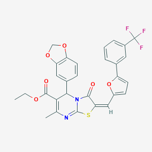 molecular formula C29H21F3N2O6S B408553 ethyl (2E)-5-(1,3-benzodioxol-5-yl)-7-methyl-3-oxo-2-({5-[3-(trifluoromethyl)phenyl]furan-2-yl}methylidene)-2,3-dihydro-5H-[1,3]thiazolo[3,2-a]pyrimidine-6-carboxylate 