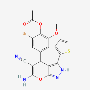 molecular formula C20H15BrN4O4S B4085548 4-[6-amino-5-cyano-3-(2-thienyl)-1,4-dihydropyrano[2,3-c]pyrazol-4-yl]-2-bromo-6-methoxyphenyl acetate 
