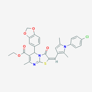 molecular formula C30H26ClN3O5S B408559 ethyl 5-(1,3-benzodioxol-5-yl)-2-{[1-(4-chlorophenyl)-2,5-dimethyl-1H-pyrrol-3-yl]methylene}-7-methyl-3-oxo-2,3-dihydro-5H-[1,3]thiazolo[3,2-a]pyrimidine-6-carboxylate 