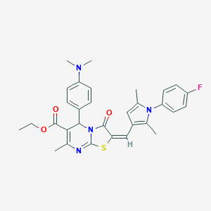 molecular formula C31H31FN4O3S B408561 ethyl 5-[4-(dimethylamino)phenyl]-2-{[1-(4-fluorophenyl)-2,5-dimethyl-1H-pyrrol-3-yl]methylene}-7-methyl-3-oxo-2,3-dihydro-5H-[1,3]thiazolo[3,2-a]pyrimidine-6-carboxylate 