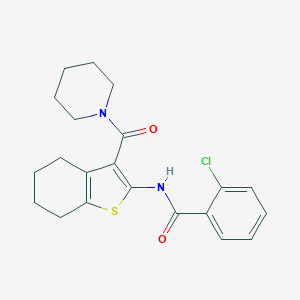 molecular formula C21H23ClN2O2S B408586 2-chloro-N-[3-(1-piperidinylcarbonyl)-4,5,6,7-tetrahydro-1-benzothien-2-yl]benzamide 