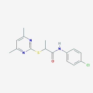 molecular formula C15H16ClN3OS B4085879 N-(4-chlorophenyl)-2-[(4,6-dimethyl-2-pyrimidinyl)thio]propanamide 