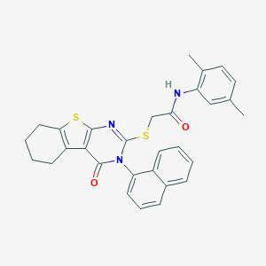 molecular formula C30H27N3O2S2 B408590 N-(2,5-dimethylphenyl)-2-{[3-(1-naphthyl)-4-oxo-3,4,5,6,7,8-hexahydro[1]benzothieno[2,3-d]pyrimidin-2-yl]sulfanyl}acetamide 