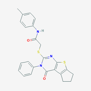 molecular formula C24H21N3O2S2 B408592 N-(4-methylphenyl)-2-[(4-oxo-3-phenyl-3,5,6,7-tetrahydro-4H-cyclopenta[4,5]thieno[2,3-d]pyrimidin-2-yl)sulfanyl]acetamide 