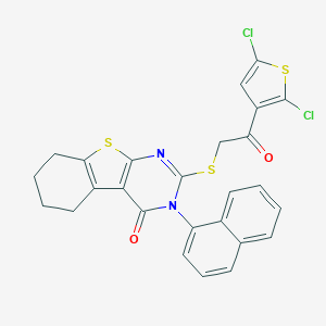 molecular formula C26H18Cl2N2O2S3 B408593 2-{[2-(2,5-dichloro-3-thienyl)-2-oxoethyl]sulfanyl}-3-(1-naphthyl)-5,6,7,8-tetrahydro[1]benzothieno[2,3-d]pyrimidin-4(3H)-one 