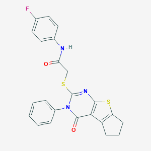 molecular formula C23H18FN3O2S2 B408594 N-(4-fluorophenyl)-2-({12-oxo-11-phenyl-7-thia-9,11-diazatricyclo[6.4.0.0^{2,6}]dodeca-1(8),2(6),9-trien-10-yl}sulfanyl)acetamide CAS No. 312498-82-1