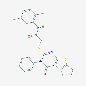 molecular formula C25H23N3O2S2 B408597 N-(2,5-dimethylphenyl)-2-[(4-oxo-3-phenyl-3,5,6,7-tetrahydro-4H-cyclopenta[4,5]thieno[2,3-d]pyrimidin-2-yl)sulfanyl]acetamide 