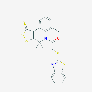 molecular formula C23H20N2OS5 B408642 2-(1,3-Benzothiazol-2-ylsulfanyl)-1-(4,4,6,8-tetramethyl-1-sulfanylidenedithiolo[3,4-c]quinolin-5-yl)ethanone CAS No. 351192-46-6