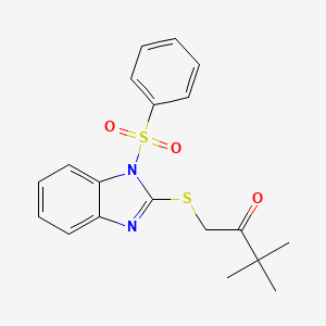 molecular formula C19H20N2O3S2 B4086863 3,3-dimethyl-1-{[1-(phenylsulfonyl)-1H-benzimidazol-2-yl]thio}-2-butanone 
