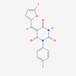 molecular formula C16H11IN2O4 B408754 5-(5-Iodo-furan-2-ylmethylene)-1-p-tolyl-pyrimidine-2,4,6-trione 