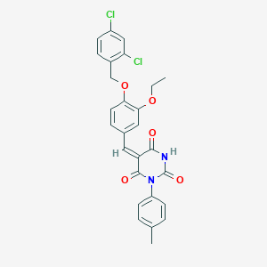 molecular formula C27H22Cl2N2O5 B408756 (5E)-5-{4-[(2,4-dichlorobenzyl)oxy]-3-ethoxybenzylidene}-1-(4-methylphenyl)pyrimidine-2,4,6(1H,3H,5H)-trione 