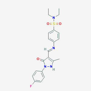 molecular formula C21H23FN4O3S B408760 N,N-diethyl-4-({[1-(4-fluorophenyl)-3-methyl-5-oxo-1,5-dihydro-4H-pyrazol-4-ylidene]methyl}amino)benzenesulfonamide 