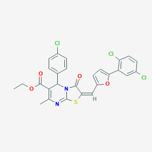 molecular formula C27H19Cl3N2O4S B408762 ethyl 5-(4-chlorophenyl)-2-{[5-(2,5-dichlorophenyl)-2-furyl]methylene}-7-methyl-3-oxo-2,3-dihydro-5H-[1,3]thiazolo[3,2-a]pyrimidine-6-carboxylate 