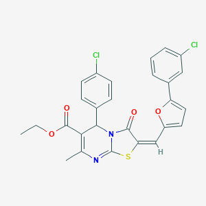 molecular formula C27H20Cl2N2O4S B408766 ethyl 5-(4-chlorophenyl)-2-{[5-(3-chlorophenyl)-2-furyl]methylene}-7-methyl-3-oxo-2,3-dihydro-5H-[1,3]thiazolo[3,2-a]pyrimidine-6-carboxylate 