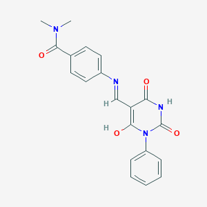 molecular formula C20H18N4O4 B408769 N,N-dimethyl-4-{[(2,4,6-trioxo-1-phenyltetrahydro-5(2H)-pyrimidinylidene)methyl]amino}benzamide 