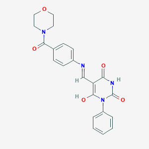 molecular formula C22H20N4O5 B408775 5-{[4-(4-morpholinylcarbonyl)anilino]methylene}-1-phenyl-2,4,6(1H,3H,5H)-pyrimidinetrione 