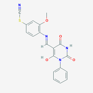 molecular formula C19H14N4O4S B408800 3-methoxy-4-{[(2,4,6-trioxo-1-phenyltetrahydro-5(2H)-pyrimidinylidene)methyl]amino}phenyl thiocyanate 