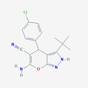 molecular formula C17H17ClN4O B408806 6-Amino-3-tert-butyl-4-(4-chlorophenyl)-2,4-dihydropyrano[2,3-c]pyrazole-5-carbonitrile CAS No. 313379-55-4