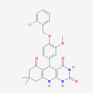 molecular formula C27H26ClN3O5 B4088700 5-{4-[(2-chlorobenzyl)oxy]-3-methoxyphenyl}-8,8-dimethyl-5,8,9,10-tetrahydropyrimido[4,5-b]quinoline-2,4,6(1H,3H,7H)-trione 