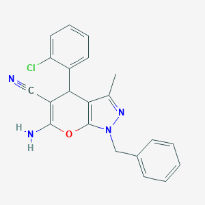 6-Amino-4-(2-chlorophenyl)-3-methyl-1-(phenylmethyl)-1,4-dihydropyrano[2,3-c]pyrazole-5-carbonitrile