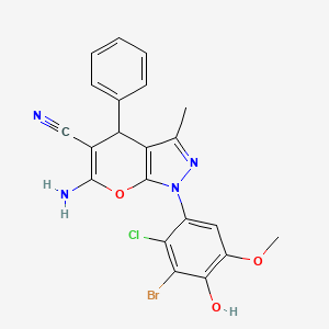 molecular formula C21H16BrClN4O3 B4089559 6-amino-1-(3-bromo-2-chloro-4-hydroxy-5-methoxyphenyl)-3-methyl-4-phenyl-1,4-dihydropyrano[2,3-c]pyrazole-5-carbonitrile CAS No. 694500-34-0